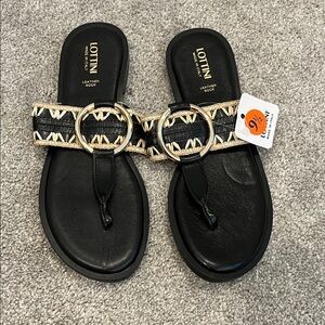 NWT Lottini size 9.5 Black & Natural Woven Ring-Accent Toe-Post Sandals